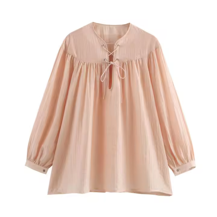 OUWU- Blusa para mujer, camisas y blusas primavera 2025, blusas holgadas de manga larga, blusas con cordones, cuello redondo, blusas elegantes de moda para mujer - 1