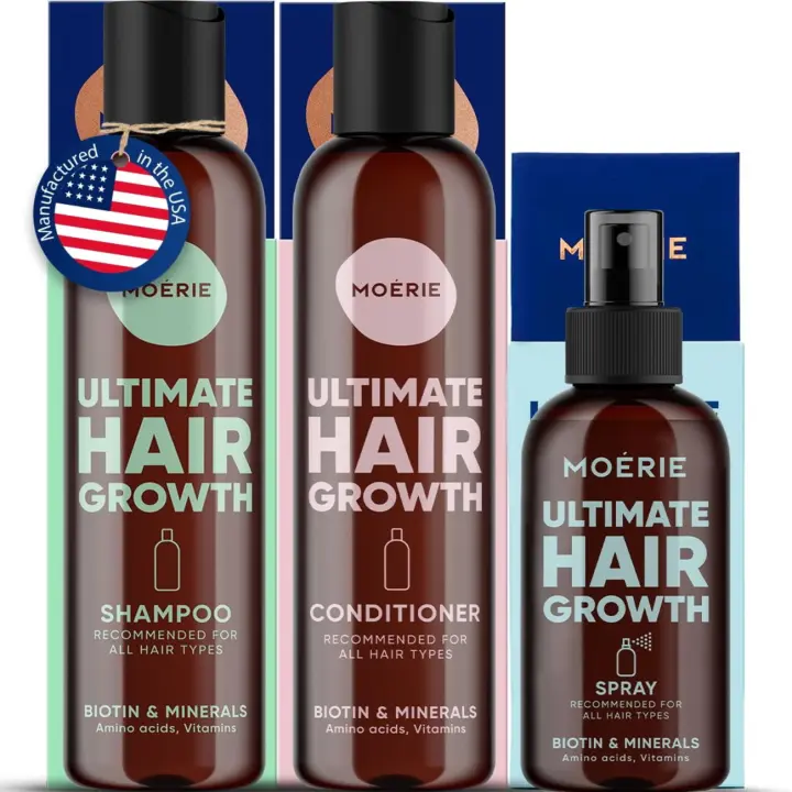 Moerie Mineral Shampoo and Conditioner Plus Growth Spray Set Paquete definitivo para un cuidado del cabello más largo, más grueso y con volumen – - 1