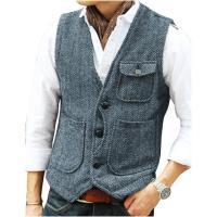 Chaleco informal para hombre, chaleco formal de tweed en espiga marrón con cuello en V, chaleco de lana, chaleco de negocios para padrino de boda y graduación - details 1
