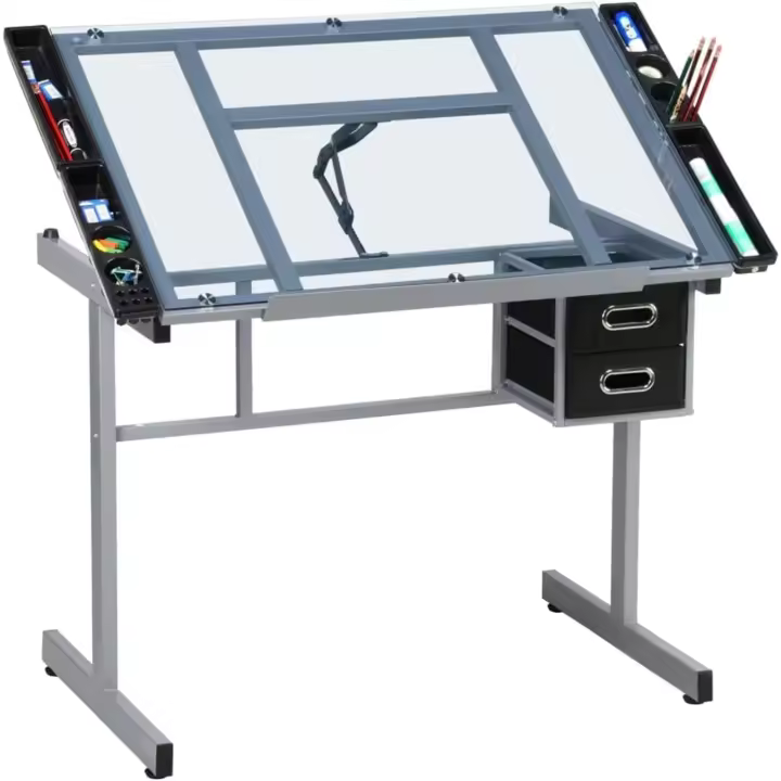 Mesa de Dibujo Inclinable Mesa de Pintura Multifuncional Escritorio con Tapa de Cristal 104x 60x 80cm para Arte Estudio con Tablero Ajustable de 0 °   un 60 ° - 1
