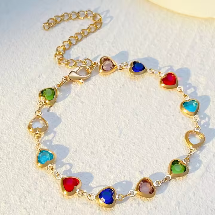 Pulsera de eslabones con diseño de corazón colorido, joyería decorativa con diamantes de imitación para fiesta, decoración de ropa diaria, joyería exquisita y que combina con todo para regalo de cumpleaños - 1