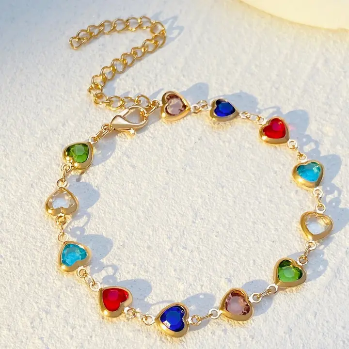 Pulsera de eslabones con diseño de corazón colorido, joyería decorativa con diamantes de imitación para fiesta, decoración de ropa diaria, joyería exquisita y que combina con todo para regalo de cumpleaños - 1