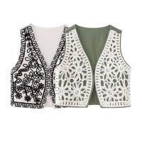 TRAFZA-Chaleco sin mangas Vintage para mujer, Tops elegantes, decoración con bordado de cordón, chaleco recortado con cuello en V abierto - details 1