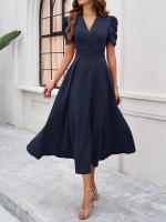 Primavera Verano elegante cintura con cuello en V Color sólido vestido de manga corta moda mujer - details 12