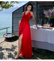 Vestido de vacaciones halter rojo vestido de playa dividido ropa de foto junto al mar falda con tirantes de cuello de hada súper - details 14