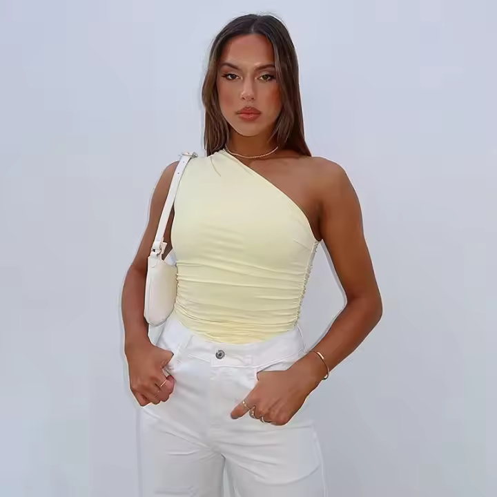 Camiseta sin mangas con espalda descubierta y un solo hombro, color caramelo, Ustada, sexy, sin cuello, casual - 1