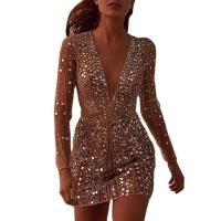 Vestido pequeño de lentejuelas de manga larga con escote en V profundo para mujer, 2024 - details 6