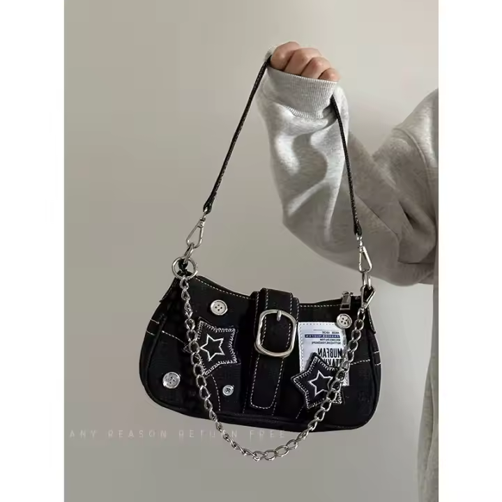 Bolsa de axilas de mezclilla estrella nueva tendencia de moda diseño de nicho bolsa de media luna bolso de lona bolsa de cadena - 1