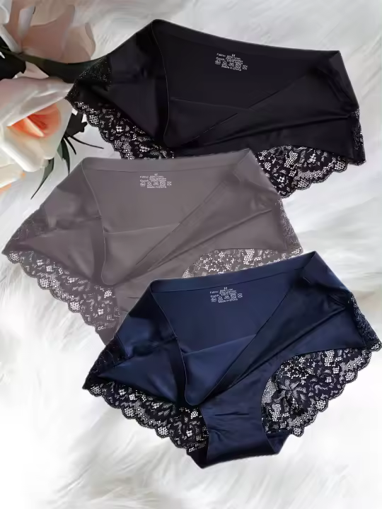 Lote de 3 bragas de mujer de encaje sin costuras en 3 colores, short triangular de color liso - 1