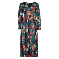 Vestido plisado de manga larga con cuello en V para mujer, estampado verde vintage, primavera y otoño - details 4