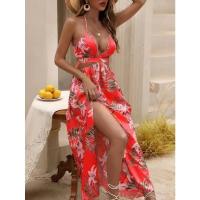 2025 Nuevos vestidos de mujer, estampados, sin espalda, con lazo, falda con abertura - details 6