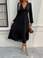 Vestido largo elegante de color sólido con cuello en V para otoño e invierno - details 11