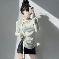 Suéter de punto para mujer, Tops de manga larga calados rasgados, jersey liso Sexy - details 7