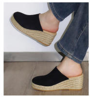 Nuevas sandalias de cuña de paja para verano y otoño 2025, sandalias de ante con punta redonda, tacones altos y suela de cáñamo con punta cerrada. - details 0