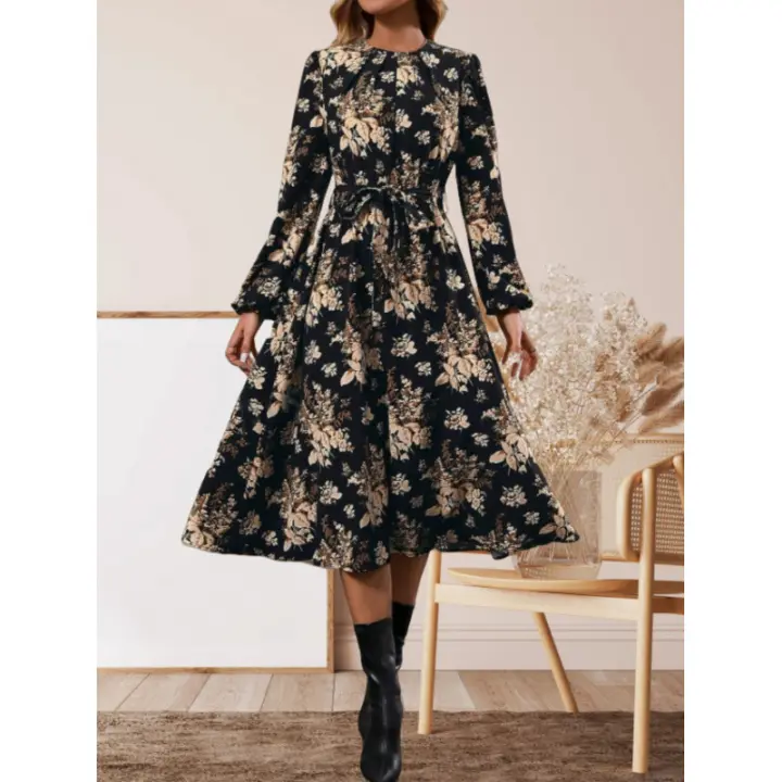 Vestido floral pequeño con cuello redondo y mangas largas con cordones y cintura - 1