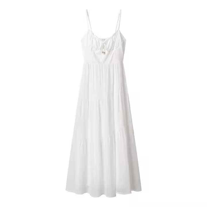 OUWU- Vestido De Tirantes Para Mujer, Escote En V, Sin Mangas, Lazo Delantero, Decoración, Espalda Elástica, Cremallera Oculta, Falda Midi, Primavera Verano, Nueva Falda Elegante De Color Sólido Entallada - 1