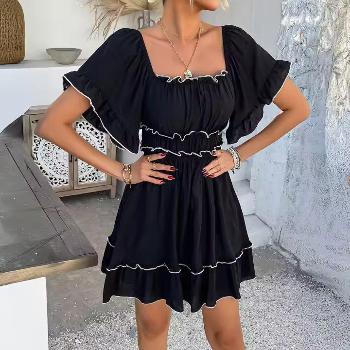 2025 primavera y verano estilo de vacaciones de ocio europeo y americano color sólido borde de hongo vestido de manga corta falda corta para mujer - 1