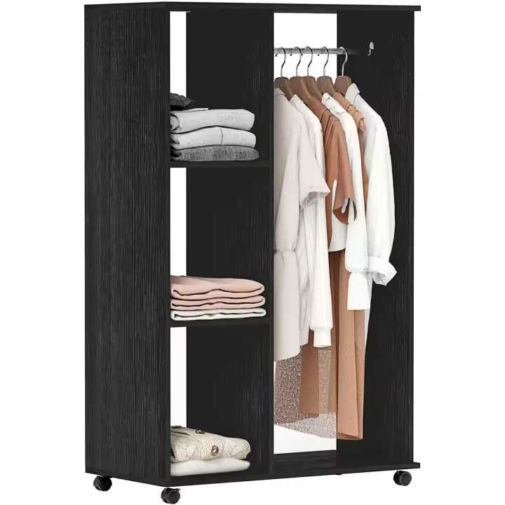 Armario Ropero con Ruedas Armario para Ropa con Barra Estantes Abiertos Organizador para Colgar Ropa de Dormitorio 80x40x128 cm Negro - 1