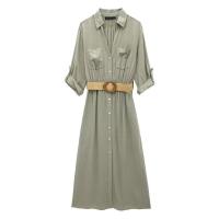 BUNO-Vestido camisero a rayas para mujer, plisado con cinturón, midi, manga con vuelta, largo para playa, verano, 2025 - details 6