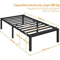 Bastidor de Cama Metálico Listones de Acero Espacio de Almacenamiento Bajo la Cama Fácil Montaje Cama Individual 90 x 190 x 36.5 cm Negro - details 30
