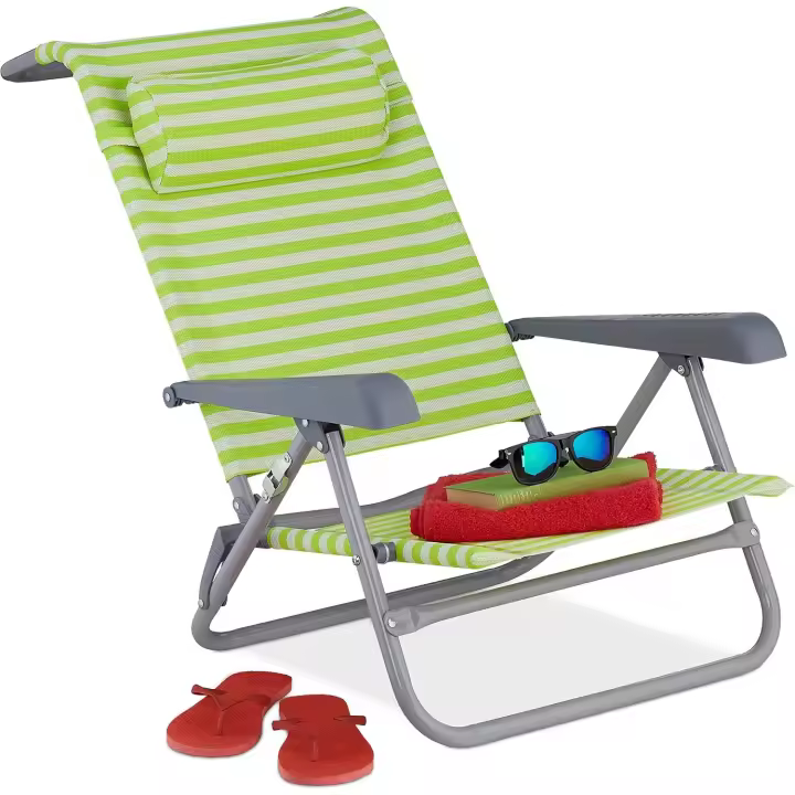Tumbona de Playa Plegable, Reclinable, 8 Niveles, Silla de Piscina con Reposacabezas, Abrebotellas, Rayas, Verde, Blanco - 1