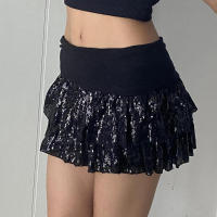BUNO-falda escalonada de lentejuelas para mujer, falda acampanada de estilo gótico negro Y2K, ropa para discoteca, minifalda elegante Vintage para fiesta de verano - details 3