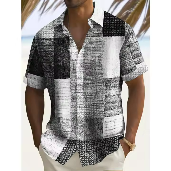 Camisa Retro para hombre, camisa hawaiana con estampado de celosía a la moda, pantalón corto informal de verano, cárdigan de manga, ropa Vintage de calle de gran tamaño - 1