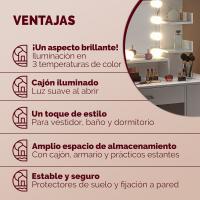 Tocador de Maquillaje Luces Led 110x40x140cm Brillo Regulable Espejo Blanco - details 13