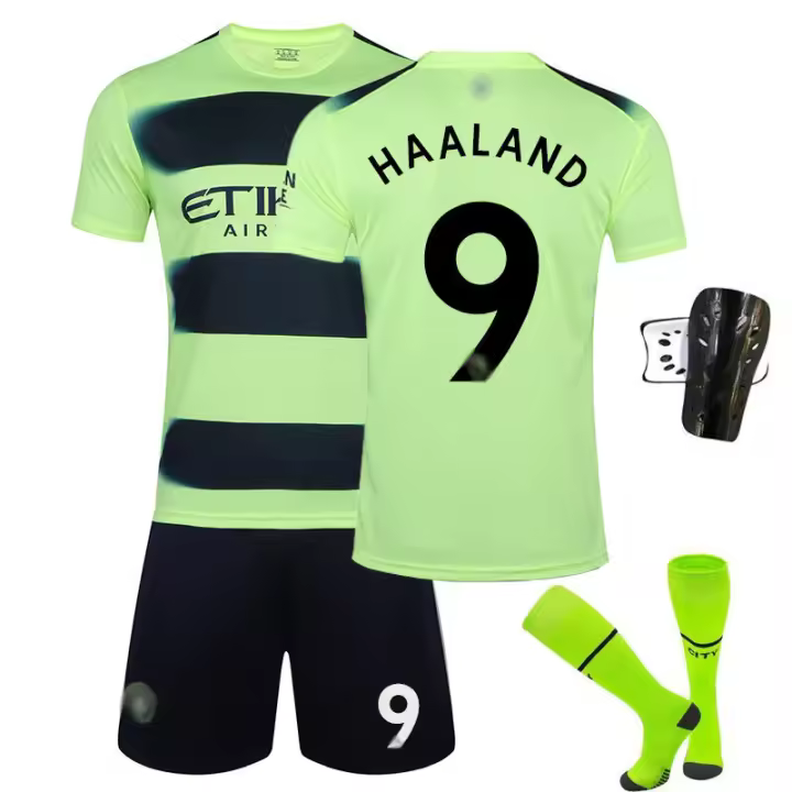 Camiseta Verde Fluorescente Segunda Visita de Manchester City No. 9 Haaland No. 17 De Bruyne No. 47 Foden con Calcetines Conjunto Deportivo y Ropa - 1