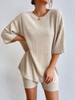Conjunto de ropa de salón para mujeres moda casual de color sólido primavera cuello redondo suelto pantalones cortos de mujer - details 4