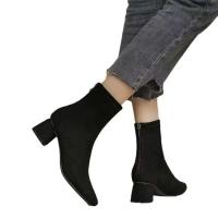 Botas cortas de moda para mujer con punta puntiaguda, forro de felpa y tela similar a la gamuza, tacones gruesos, cremallera trasera, estilo motocicleta - details 0