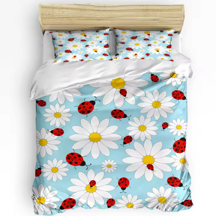Ropa de cama de mariquita y Margarita para niños y niñas, edredón de 3 piezas, funda de almohada, edredón para adultos, juego de cama doble, textiles para el hogar - 1
