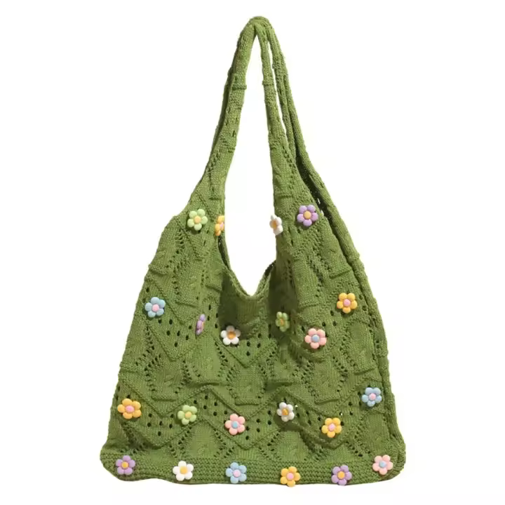 Bolso de hombro dulce bolso de mano de ganchillo con dije de flor, bolso tejido con hilo de flores transpirable, bolso tejido de gran capacidad de color caqui para playa - 1
