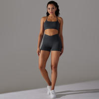 Hamidou-Conjuntos de Yoga cortos para mujer, Sujetador deportivo con espalda bonita, ropa deportiva, atuendo deportivo para mujer, Top corto para correr, pantalones cortos, ropa de entrenamiento - details 1