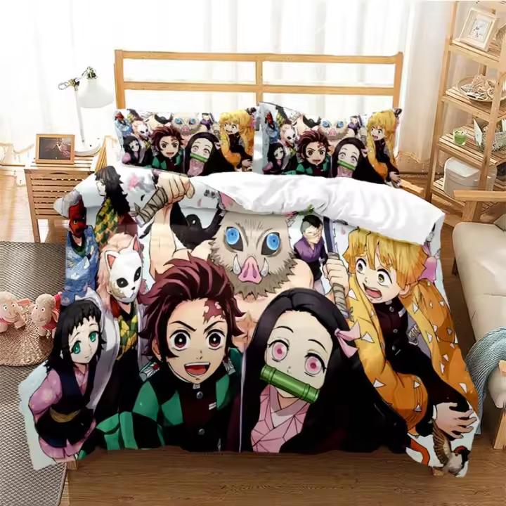 Juego de Ropa de Cama de Anime Demon Slayer Tamaño Rey y Reina Material de Poliéster - 1