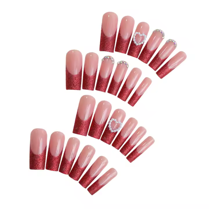 Uñas Falsas de Rosa con Brillo Rojo Decoración de Uñas Naturales Desrotables - 1