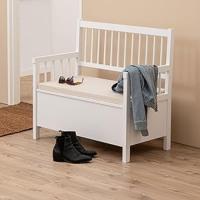 Hallway environment, where there is a white wooden bench with some shoes in focus