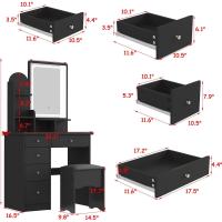 Juego de tocador con espejo rectangular, tocador de maquillaje con 5 cajones, estantes, tocador y taburete acolchado (B blanco/espejo iluminado) - details 42