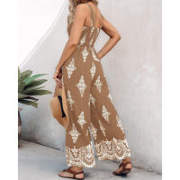 Mono con pernera ancha para mujer, novedad de verano, estilo con tirantes y bolsillo, estampado de posicionamiento tejido, 2025 - details 4