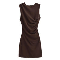 Mini vestido elegante de verano con cuello redondo y sin mangas, decoración informal plisada, vestidos cortos en la espalda para mujer - details 5