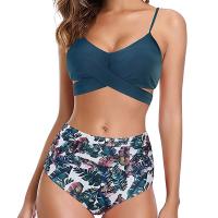 Traje de baño dividido de cintura alta para mujer, bikini multicolor con estampado de cuello halter cruzado - details 6