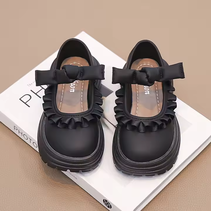 Zapatos de cuero de princesa combinados con volantes para niña, vestido plisado con lazo, fiesta de boda, suela gruesa, chic, otoño, 2024 - 1