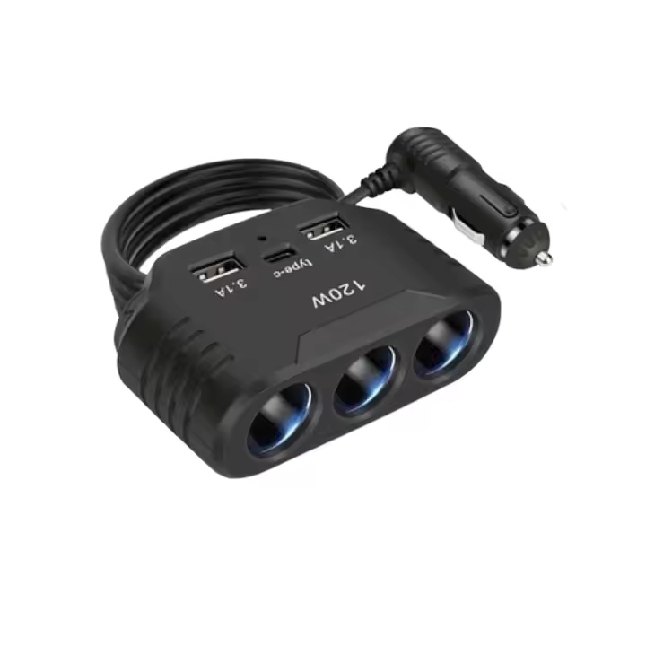 Adaptador de Encendedor de Coche 3 en 1 con 3 Puertos USB Carga Rápida 120W, 12V~24V para Teléfono Tableta Motores - 1