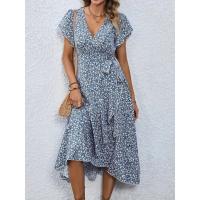 Vestido de talla grande 1XL-5XL con cuello en V y estampado floral para mujer, vestido elegante informal transpirable de verano, vestido largo de playa de estilo sofisticado - details 3