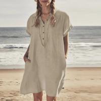 L-5XL de algodón y lino para mujer, vestido holgado de manga corta con botones y bolsillos de solapa, Color liso, talla grande, Verano - details 1