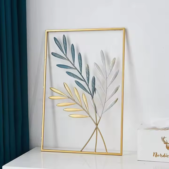 Decoración de pared nórdica para el hogar, colgante de pared de macramé, Metal redondo dorado, hoja de Ginkgo, pegatinas de pared, decoración decorativa de repisas de pared - 1