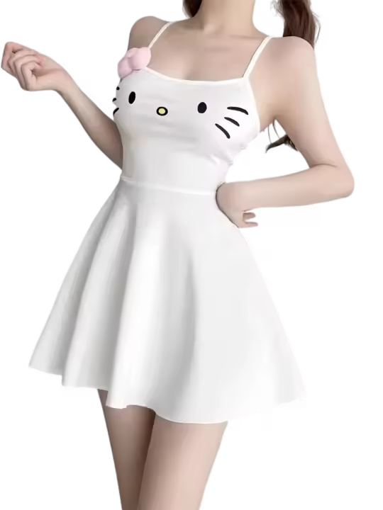 Mini Vestido Blanco Kawaii con Bordado de Cara de Gato Moda Japonesa Y2K - 1