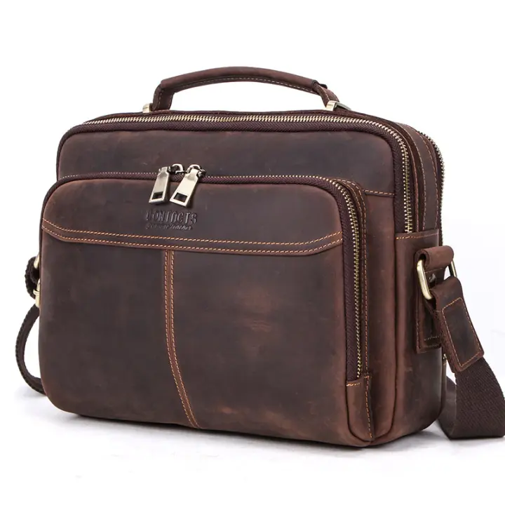 CONTACT'S-Bolso bandolera de cuero Crazy Horse para hombre, bandolera de gran capacidad, Estilo Vintage - 1