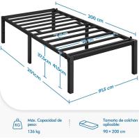 Bastidor de Cama Metálico Listones de Acero Espacio de Almacenamiento Bajo la Cama Fácil Montaje Cama Individual 90 x 190 x 36.5 cm Negro - details 20