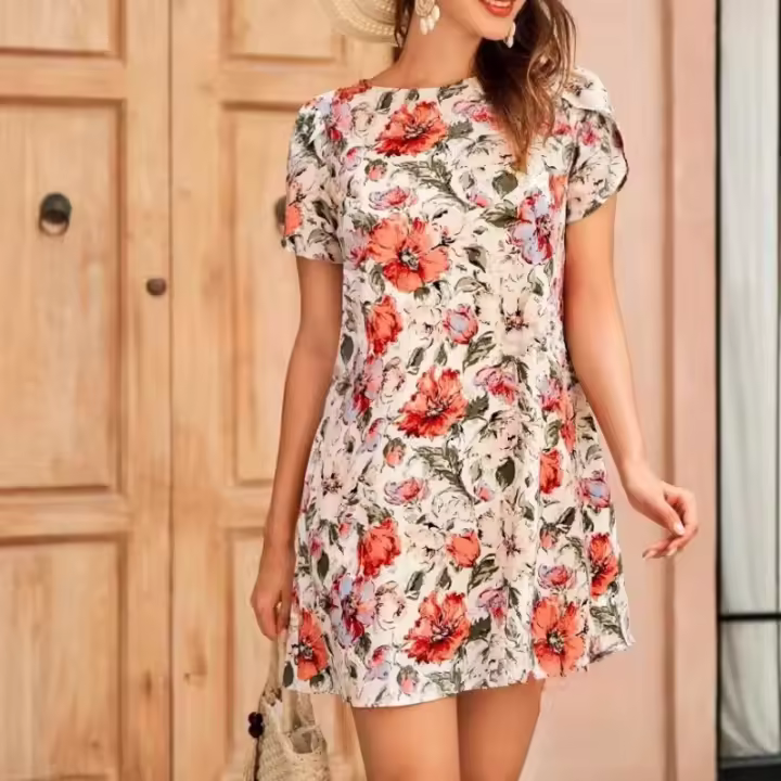 Vestido de verano 2025 con cintura estampada, elegante, cuello redondo y mangas cortas. - 1